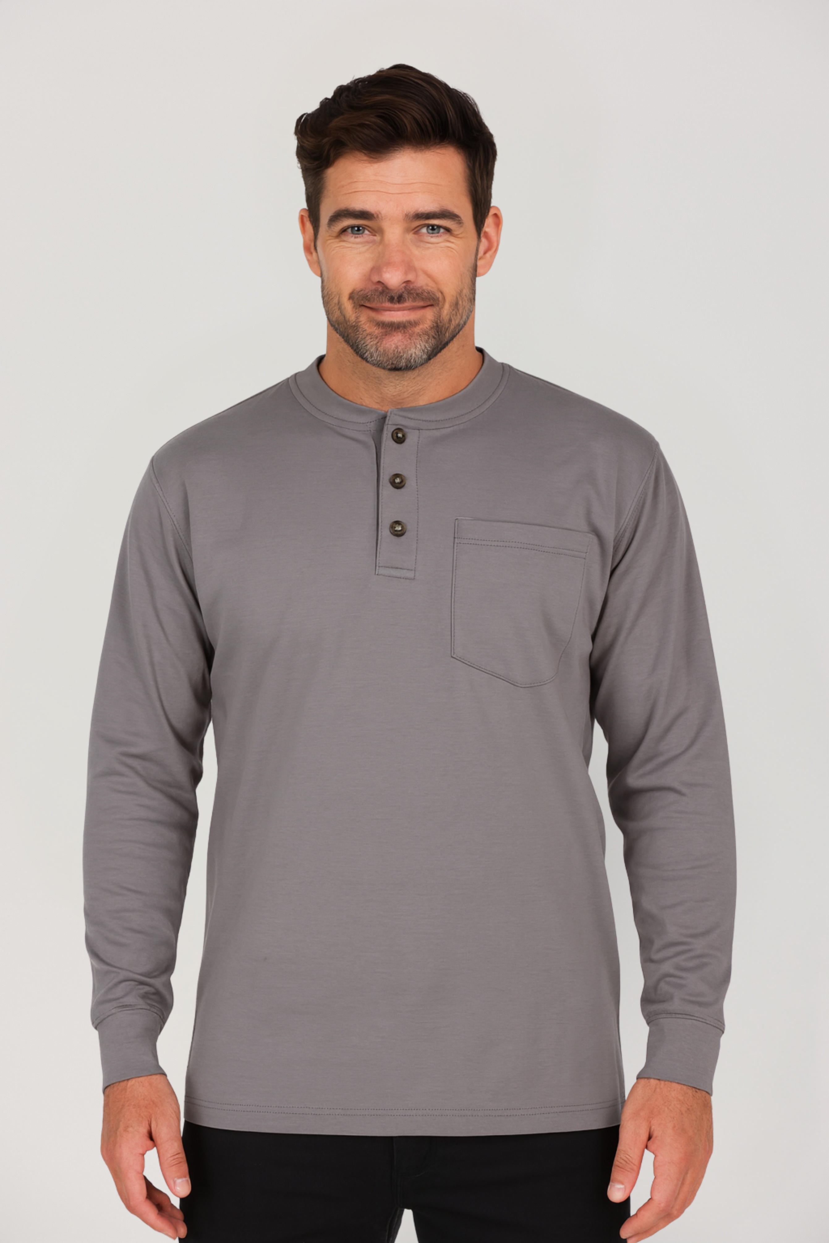ANCELLM HENLEY RIB LS T-SHIRT （GRAY） ANCELLM - HENLEY RIB LS T-SHIRT/CREAM | NapsNote
