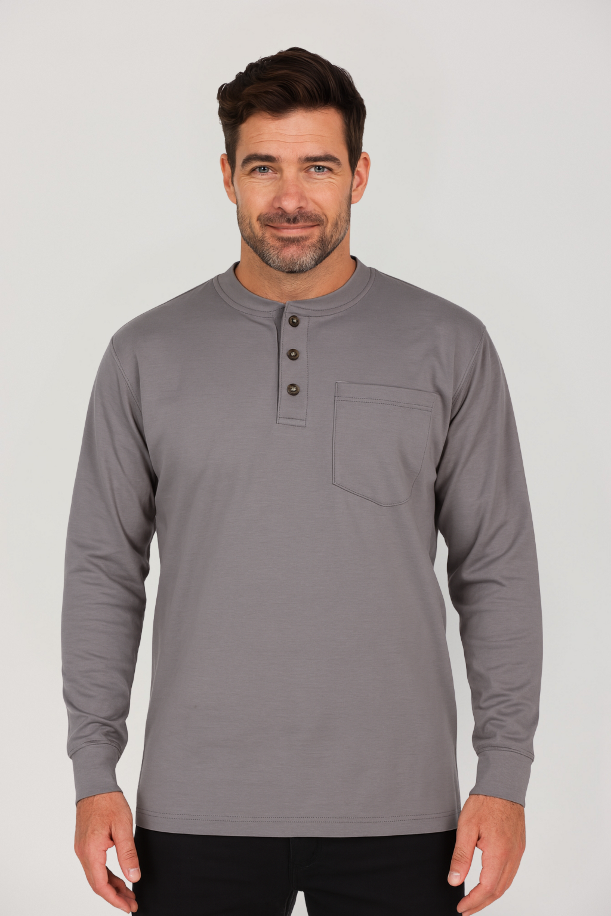Shop FR Grey Henley Long Sleeve T Shirt Mens – 3 Button Shop FR Grey Henley Long Sleeve T Shirt Mens – 3 Button